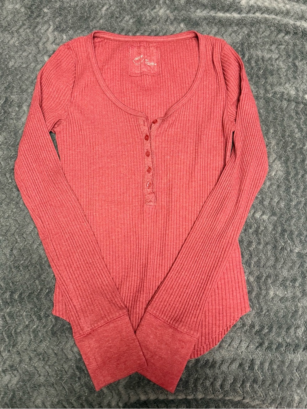 aerie Ribbed Henley Long-Sleeve Top - Coral Red